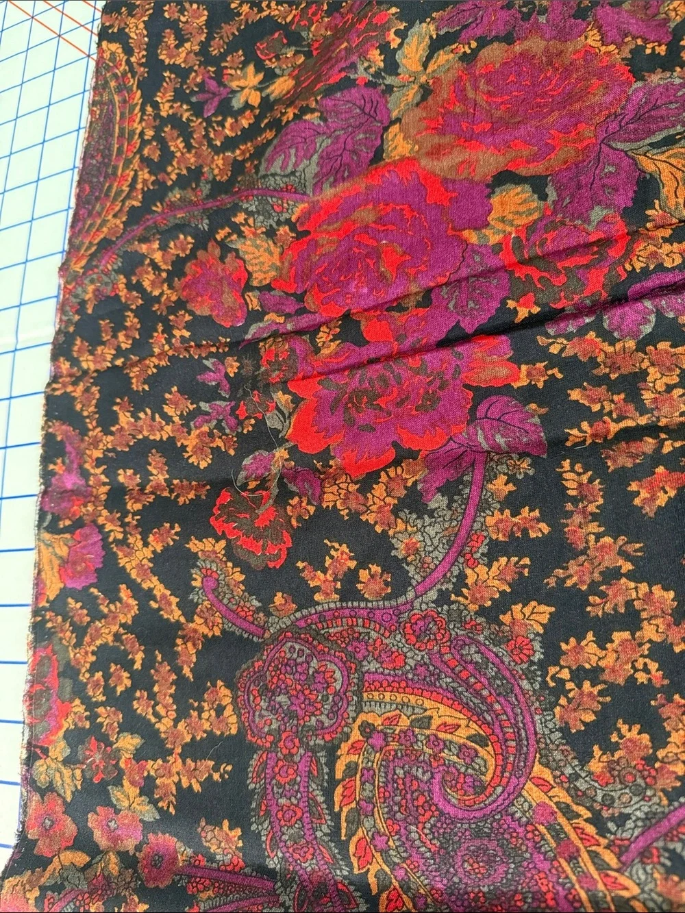 Vintage 1970s Paisley Floral Fabric Black Burgundy Rust Boho 3 Yards x 44”